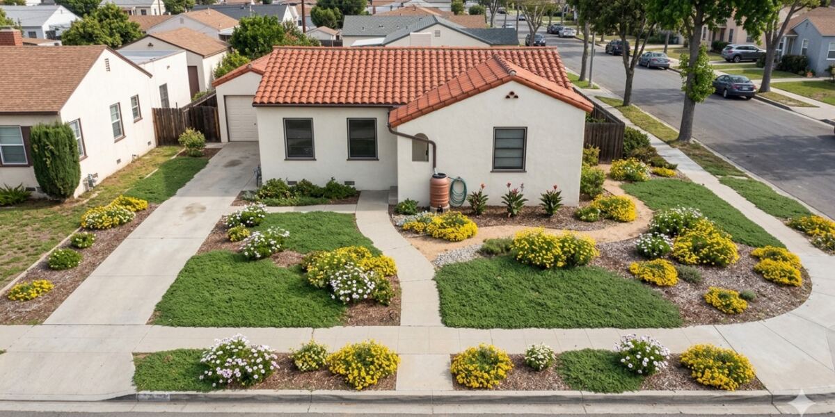 Spanish style front yard: Green groundcover in place of grass, bordered by yellow and white flowers