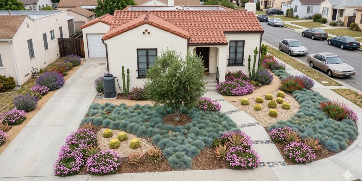 Spanish style front yard: Blue fescue, sages and an olive tree around a gravel bed