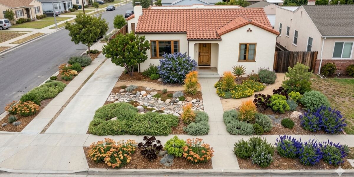 Spanish style front yard: Corner lot with a dry creek, sages and planted parkway strips