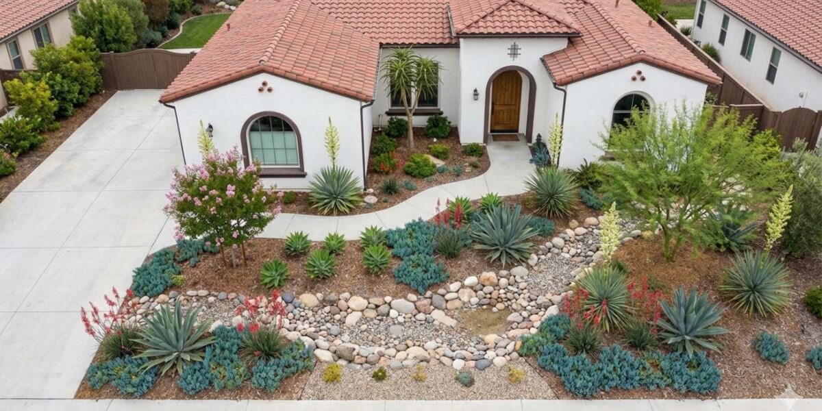 Front yard design with agave, red yucca, and blue succulents around a river-rock creek