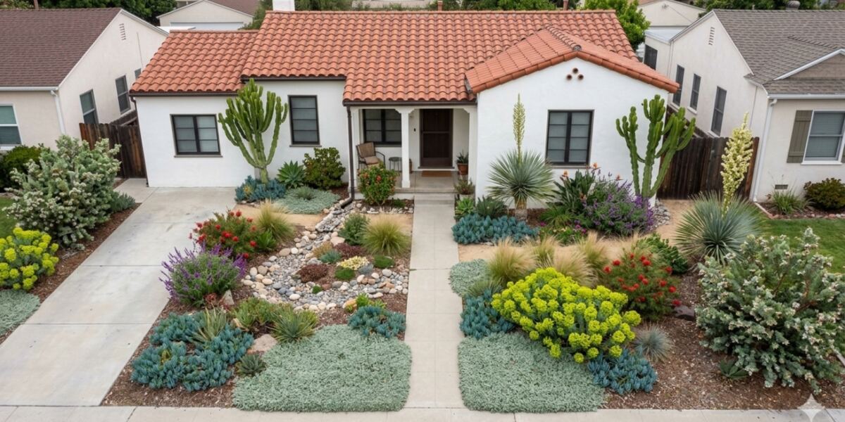 Spanish style front yard: Succulents, silver groundcover and bright flowering shrubs