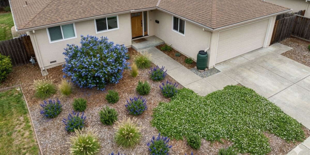 Traditional style front yard: Ceanothus, native grasses and a flowering groundcover, with a rain barrel at the downspout