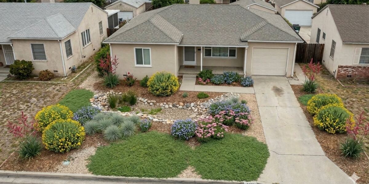 Traditional style front yard: Low-water groundcover, flowering shrubs and a dry creek bed