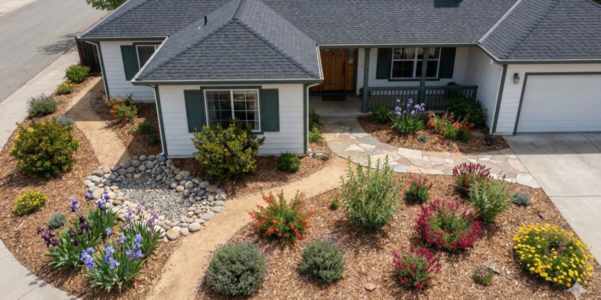 Traditional style front yard: Iris, salvia and mulch beds around a stone path and dry creek