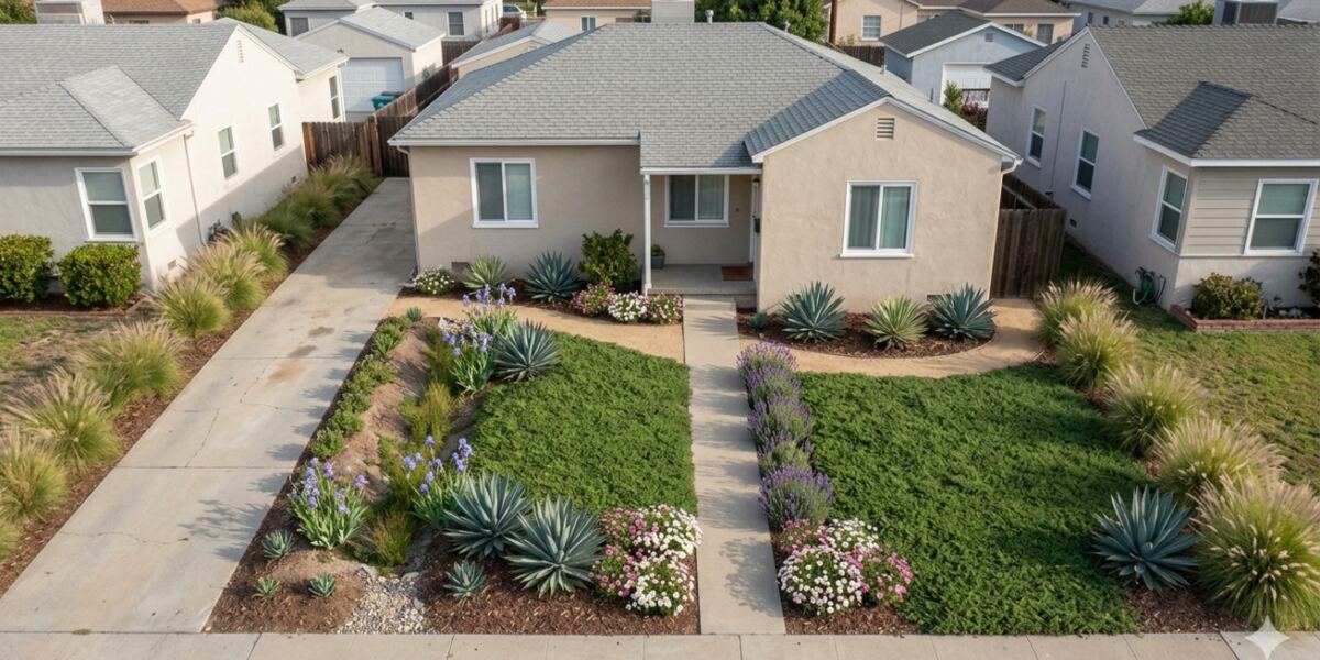 Traditional style front yard: Soft groundcover lawn areas edged with agave, grasses and flowers